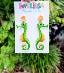 Large Green Seahorse Earrings