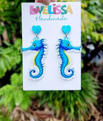 Large Blue Seahorse Earrings